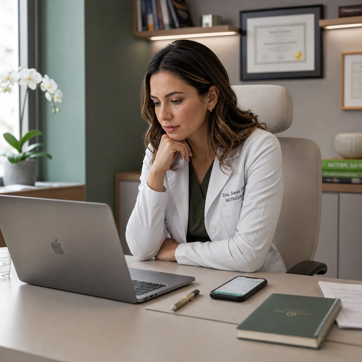 Nutricionista concentrada analisando atendimentos no laptop